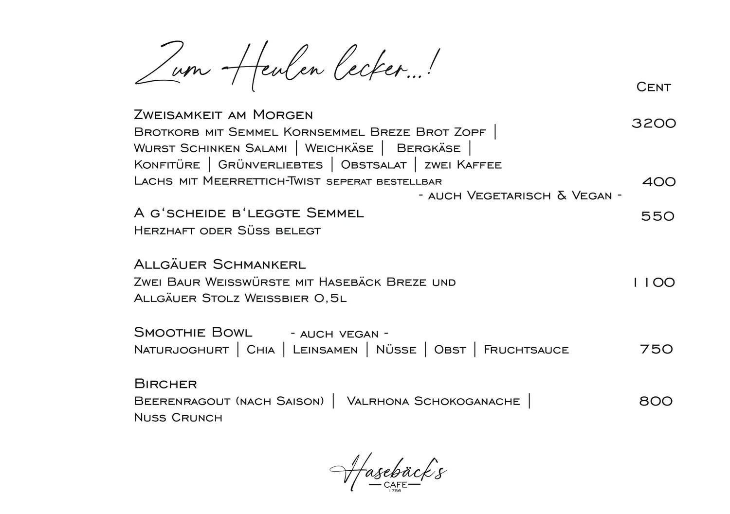 Hasebäck - Frühstücks Menü