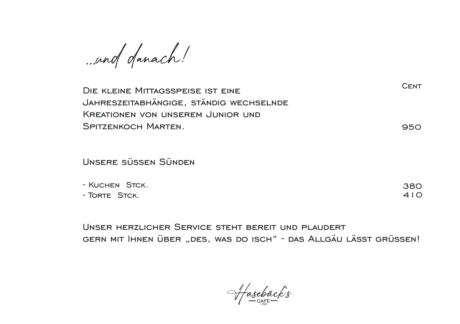 Hasebäck - Frühstücks Menü
