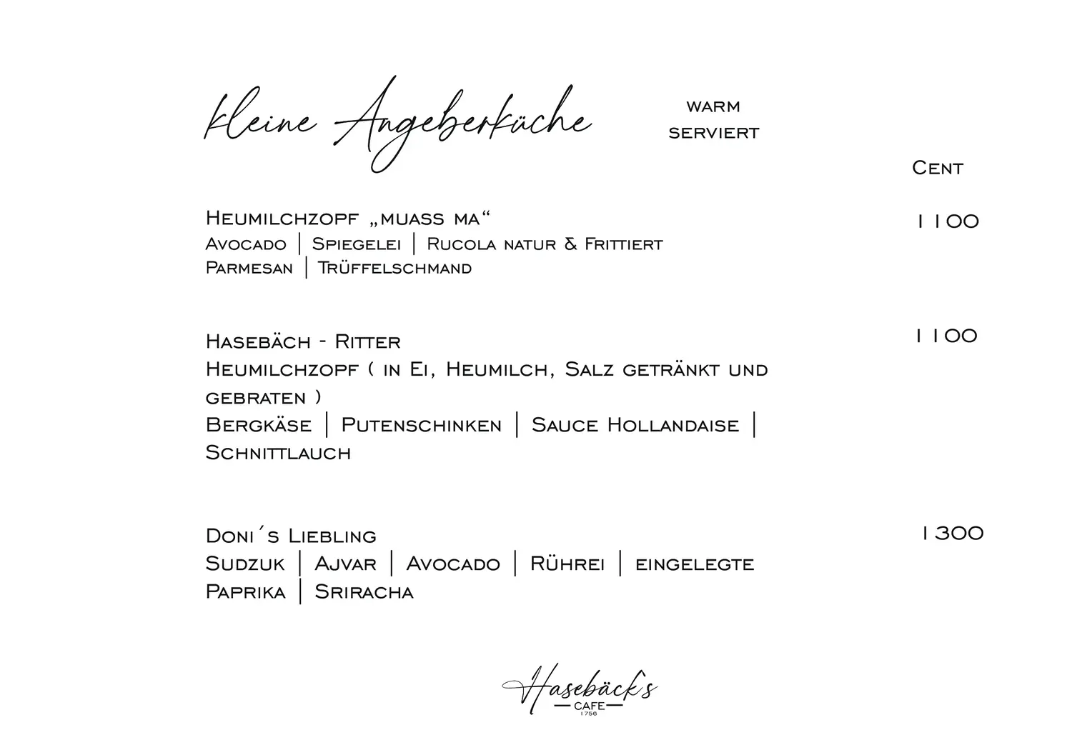 Hasebäck - Frühstücks Menü